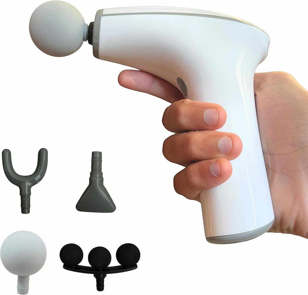 Deep Tissue Massage Gun, Portable Percussion Muscle Massager with Four Interchangeable Heads, Useful for Athletes, Gym, Office (White)