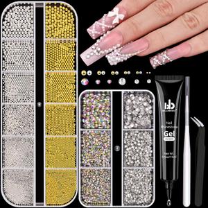 Flatback Rhinestones (Clear+AB) and Metal Steel Round Caviar Beads (Silver+Gold) with Rhinestones Glue Gel for Nail Art, Crystals Nail Charms and Caviar Beads Nail Accessories for Manicure Decor (04 2 Boxes Nail Art Decos Set 15+Glue)