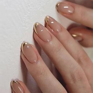 Mivota Almond Press On Nail Short, Pink Fake Nails with Elegantly Crafted Gold French Tips, Glossy Gel Finish, Thick Natural Reusable Glue On Nails Kit for Women 24Pcs, Golden Chic (06-Fashionable Phnom Penh)