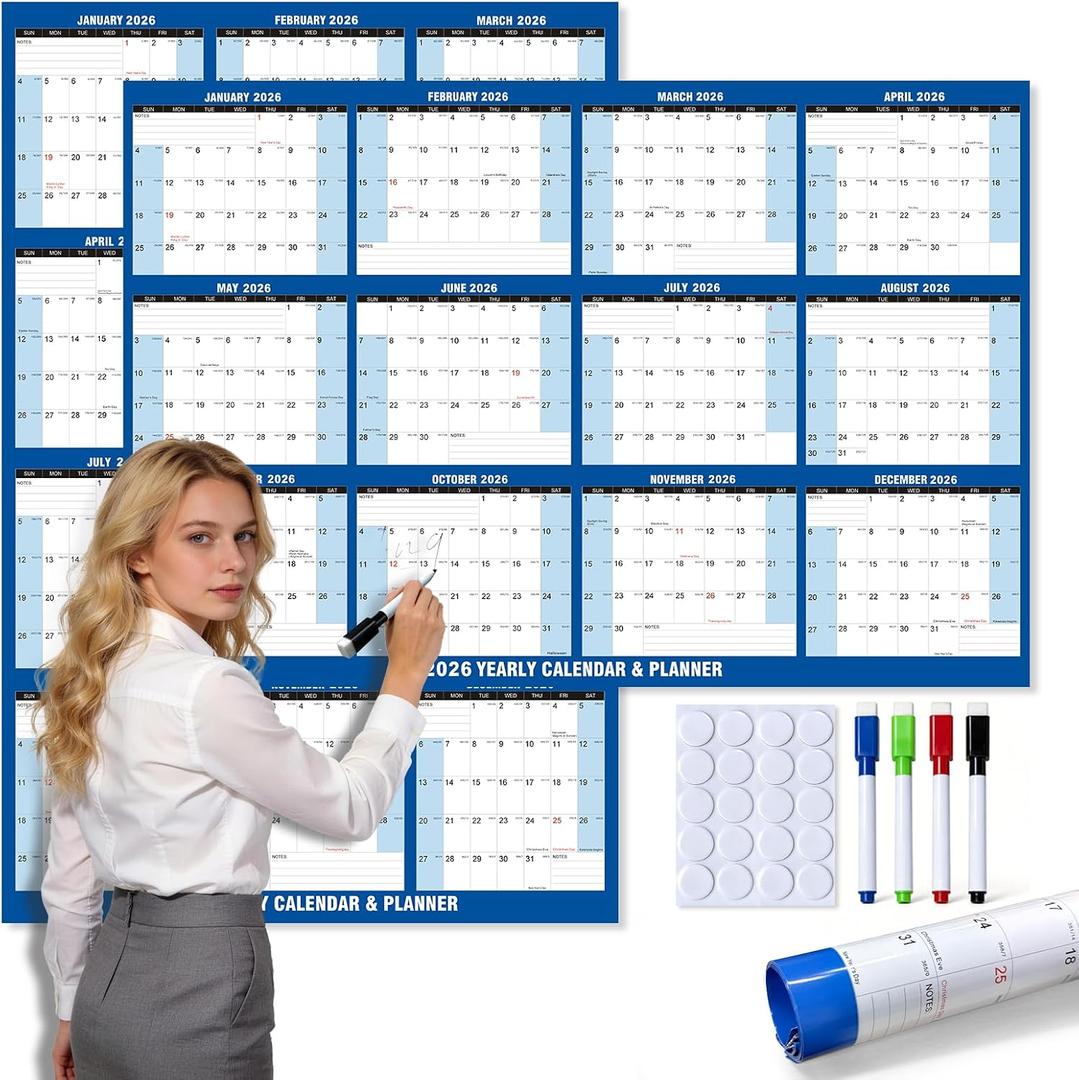 2026 Wall Calendar - 48"x32" Extra Large, Dry Erase Calendar for Wall | Waterproof Yearly Calendar with 4 Markers | Double Sided & Vertical & Horizontal Reversible Planner for Office, Home, School Use
