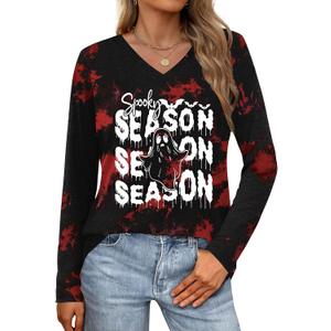 Halloween Shirt Women: Halloween Ghost Vneck Tshirts Fall Tees Skeleton T Shirt Witch Long Sleeve Tops (Large)