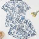 SHENHE Women's Floral Pajama Set 2 Piece Button Down Boho Vacation Shirt with Shorts Cute Pjs Set Lounge Pj Royal Blue Small (S)