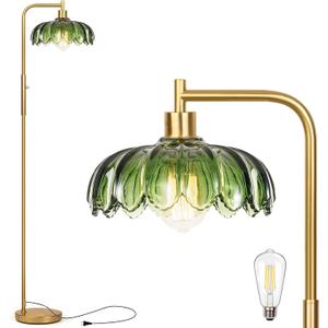 Glass Floor Lamp for Living Room, Dimmer Standing Lamp with Green Lampshade,66 Tall Lamp & Gold Floor Lamp for Bedroom Study Room,Brushed Gold LED Bulb Included (Flower Green Glass Shade)