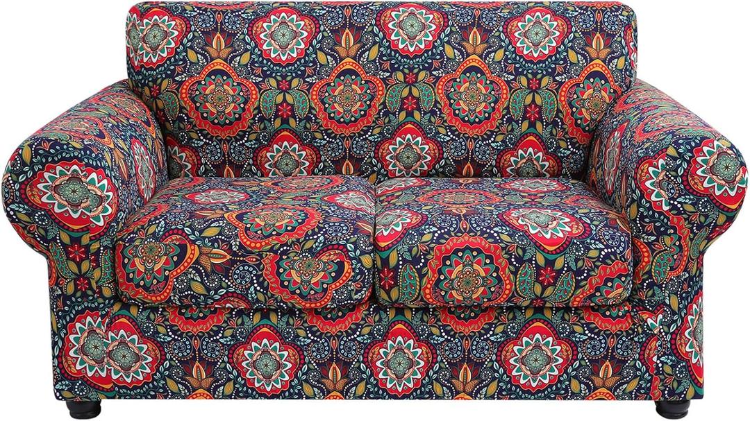 hyha Couch Cover, Loveseat Covers, Floral Pattern, Stretch, Printed, 3 Pieces, Sofa Slipcovers, for 2 Separate Cushion Couch Sofa, Washable Furniture Protector for Dogs(Loveseat, Mandala Floral) (Medium, Red&blue)