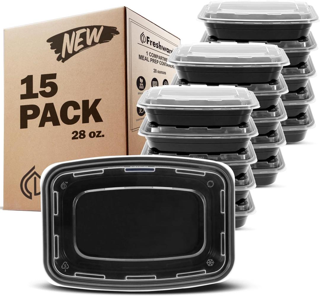 Freshware Meal Prep Containers 15 Count (Pack of 1) Compartment Food Storage Containers with Lids, Bento Box, BPA Free, Stackable, Microwave/Dishwasher/Freezer Safe (28 oz) (Black)