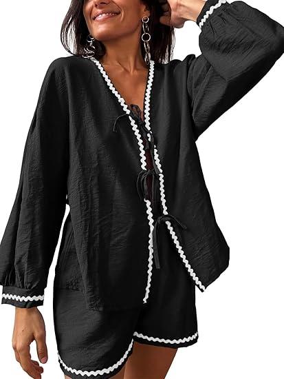 Tankaneo Womens 2 Piece Pajama Lounge Linen Set Tie Front Long Sleeve Shirt Shorts Sets Vacation Travel Outfits