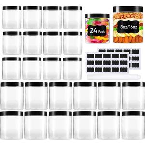 Vivimee 24 Pack Plastic Jars with Lids 16 oz (12 Pack) & 8 oz (12 Pack), Clear Plastic Mason Jars, Leakproof Slime Containers for Peanut, Spice, Cookie, Candy and Dry Food, Empty Jars for Storage