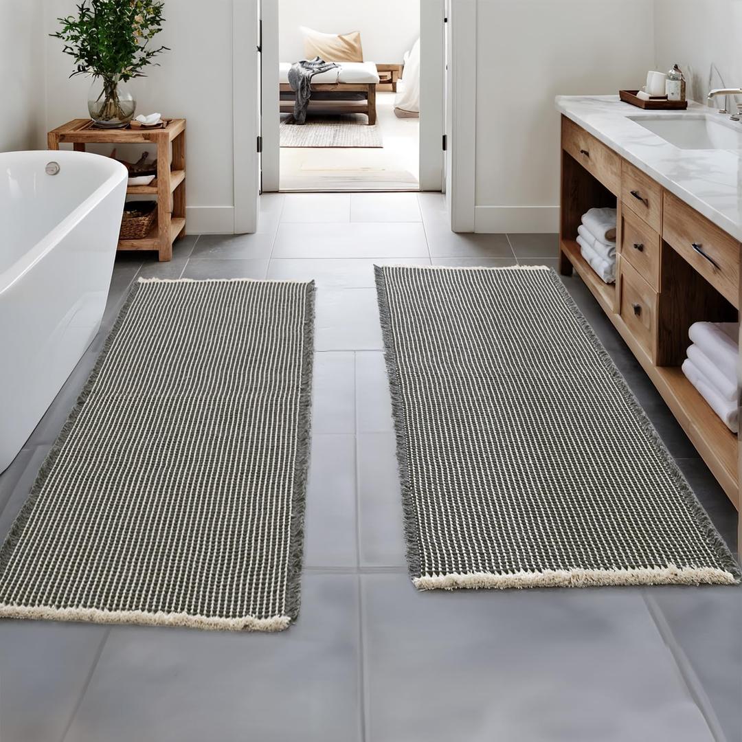 MIULEE Set of 2 Waffle Bathroom Runner Rugs, Boho Bath Rugs Non Slip Washable, Super Absorbent Runner Bath Mats, Rubber Backed, Ideal for Hallway Laundry Room, Dark Grey & Yellow, 2'x6'(24x72 Inch)
