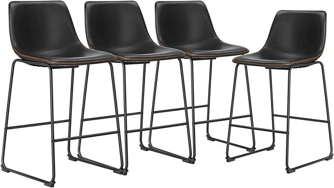 DUMOS 26 Inch Counter Height Bar Stools Set of 4, Modern Faux Leather High Barstools with Back and Metal Leg, Bar Chairs for Kitchen lsland, Black