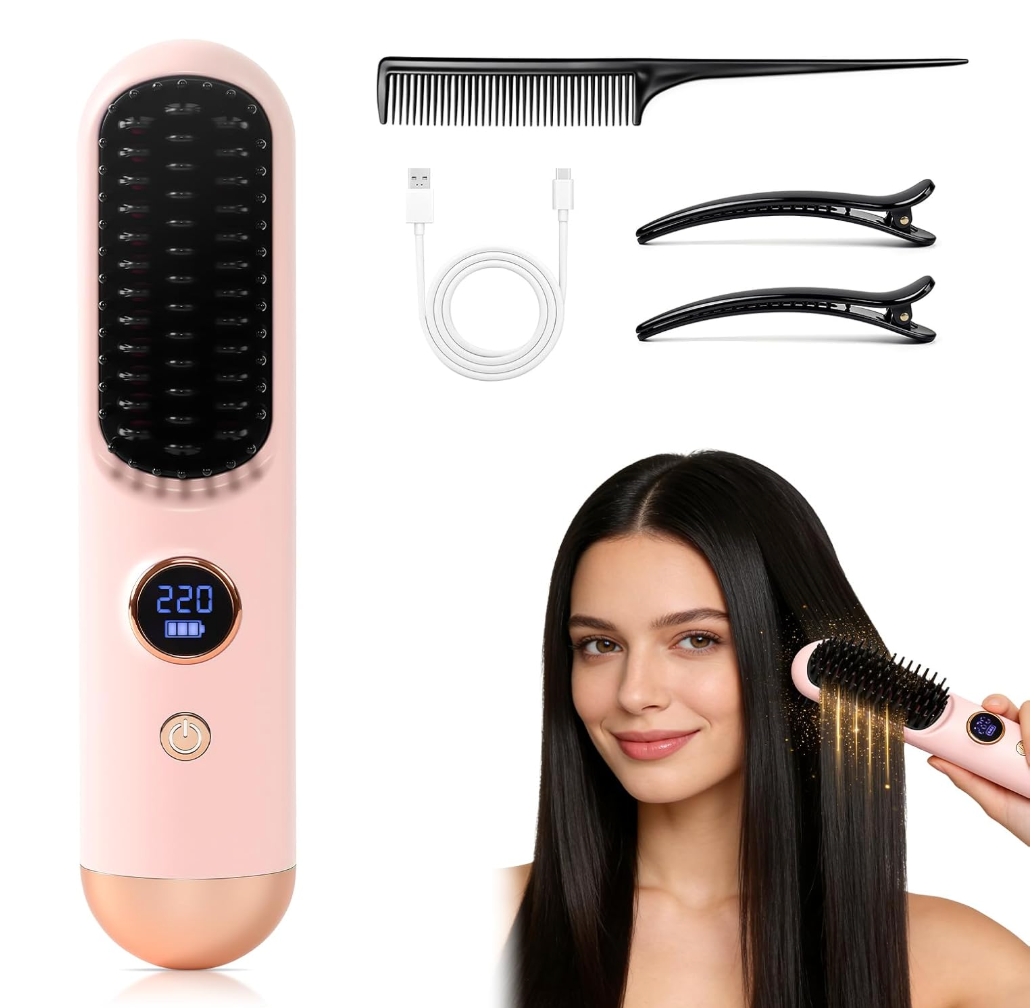 2026 Hair Straightener Brush, Cordless Hair Straightener Brush for Short Hair, Mini Portable Straightening Hair Comb Brush with 9 Temps Fast Heating for Women, Travel Size Hair Styling Tool (Pink)