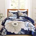 Dintszyayue Blue Quilt Set Queen,3 Pieces Floral Bedspreads Lightweight Coverlet Set for All Seasons, Reversible Quilted Printed Bedding Set with 2 Pillow Shams