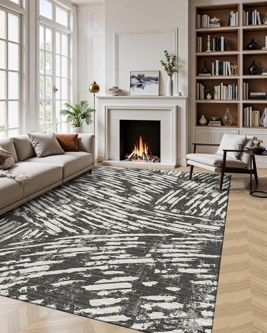 Latte&Fog 5x7 Area Rugs for Living Room Bedroom, Modern Abstract Washable Rug, Boho Non Slip Low Pile Carpet for Indoor Dining Room,Dorm, Classroom, College Dorm,Farmhouse and Kids Room - Black White (Charcoal)