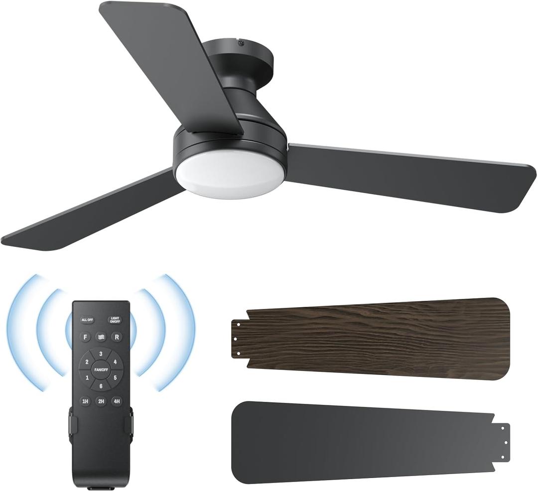 Ceiling Fans with Lights, 42 Inch Ceiling Fan with Light And Remote, 3CCT Flush Moun Low Profile Ceiling Fans, 6 Speed Noiseless LED Ceiling Fan, Black Ceilings Fan with Remote for Bedroom Living Room Black, 42 Inch