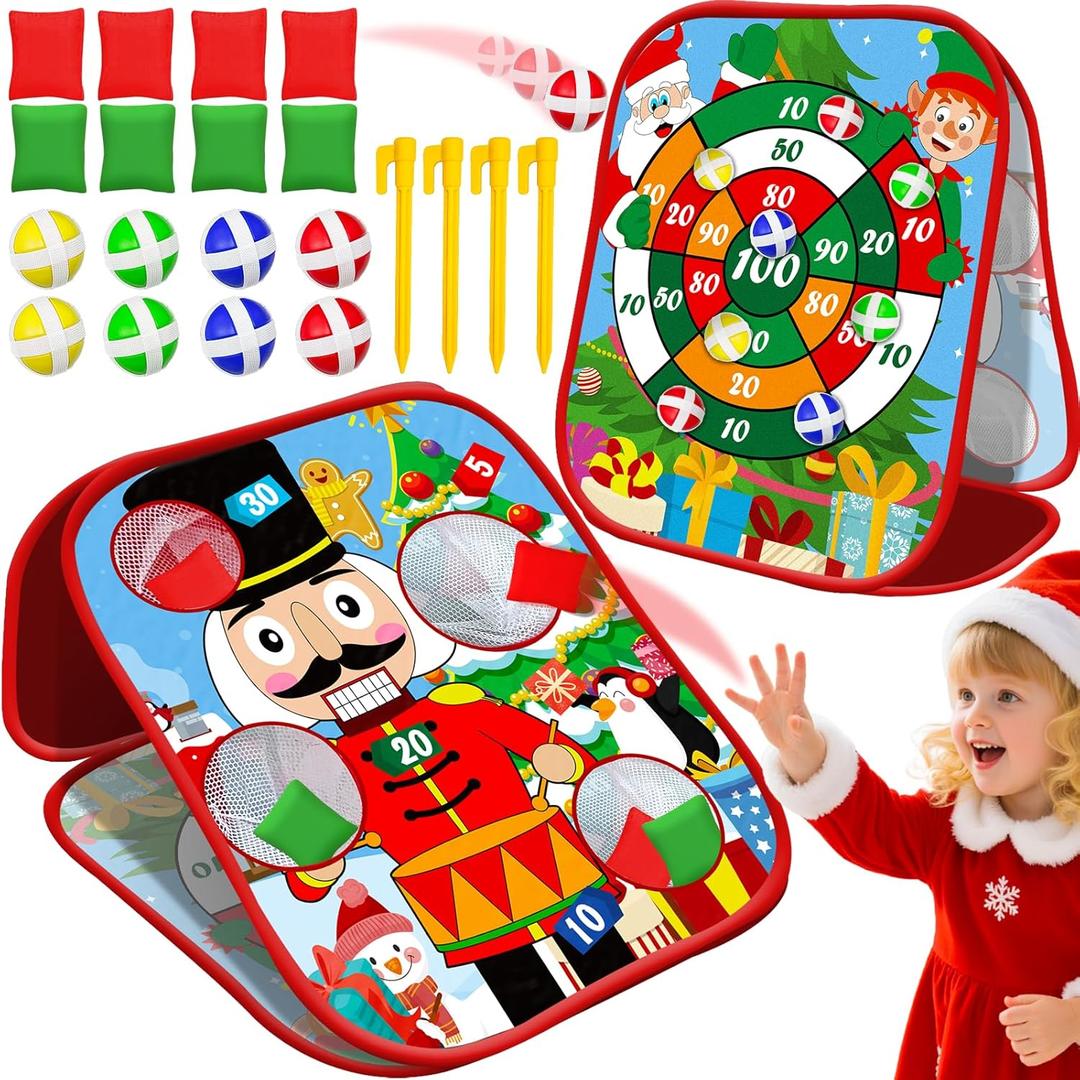 2 In 1 Christmas Party Games for Kids Adults, 20 Pcs Double Sided Foldable Board with Bean Bags Sticky Balls Toss and Dart Game Christmas Theme Gift for Family Xmas Party Favor Carnival Indoor Outdoor
