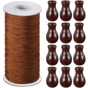 Windyun 110 Yards Blind Cord 1.8 mm Braided Lift Shade Curtain String and 12 Pieces Wood Blind Pull Cord Knobs for Roman Shade Kit, Curtain Craft(Brown)