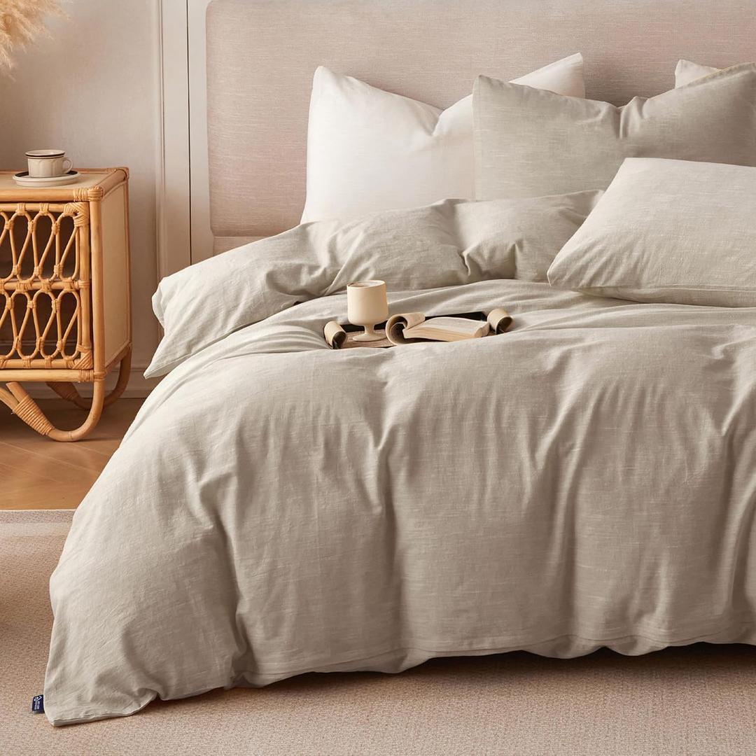 Linen Duvet Cover King Size - Soft Breathable Cotton Linen Blend, 3-Pieces Bedding Set with 2 Pillowcases, Stonewashed Texture, Khaki, All-Season Comfort