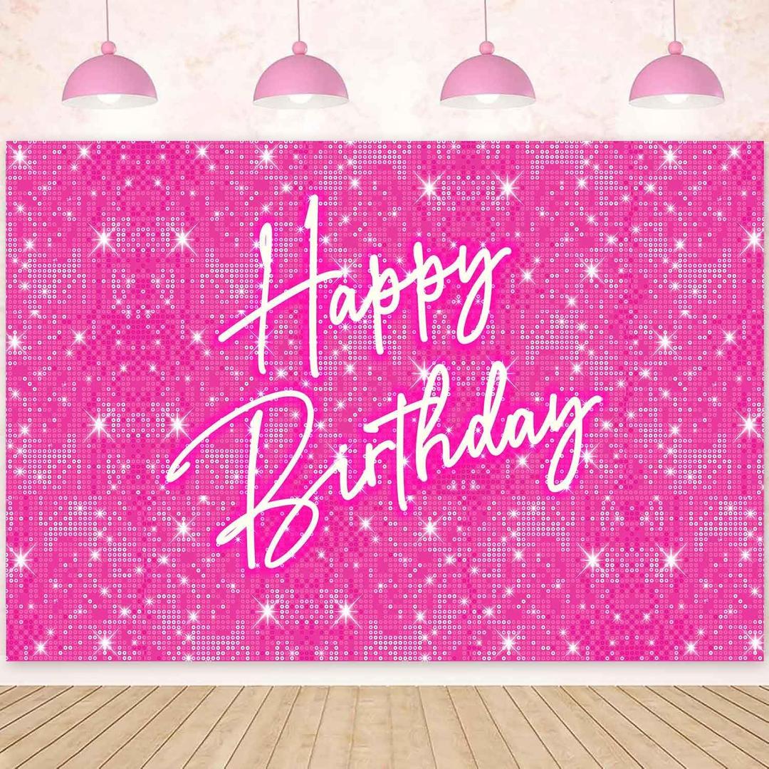 Sensfun Shiny Pink Birthday Backdrop for Lady Girls Women Princess Party Decorations Neon Happy Birthday Banner Glitter Sequins Bday Photography Background Photo Booth Props 7x5ft