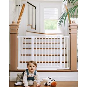 Cumbor 29.7-48" Baby Gate for Stairs, Mom's Choice Awards Winner-Dog Gate for Doorways, Auto Close Safety Pet Gate for Dogs Indoor, Easy Install Pressure Mounted Child Gate with Walk Thru Door, Black (29.7-48"W x 30.5"H, White)