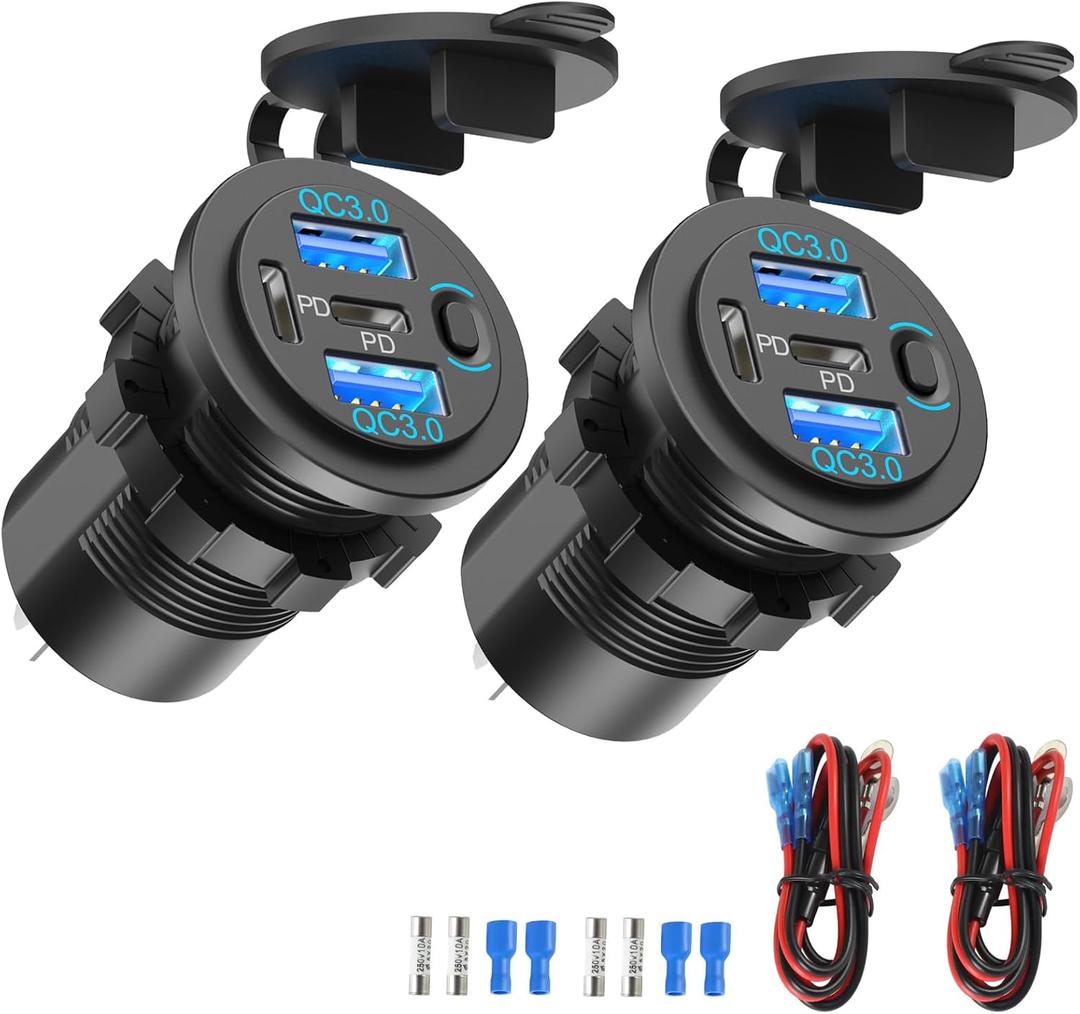 2 Pack Dual PD 30W USB C Port and Dual Quick Charge 3.0 Port 12V USB Outlet with Power Switch, 78W Multiport Car Charger Socket Waterproof DIY Accessories for Car Boat Marine Motorcycle RV ATV