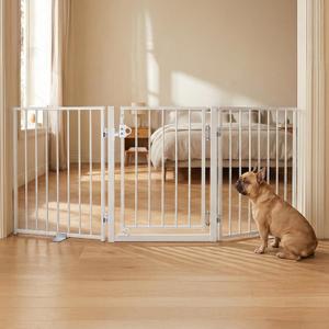 BFNN 60" W Free Standing Dog Gate Indoor for Doorways, Extra Wide Metal Foldable Pet Gate with Walk-Thru Door, 24" Tall Puppy Fence for Stairs, Outdoor, No Drill Barrier for Small & Medium Dogs
