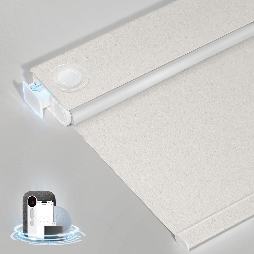 Smart Motorized Blinds with Remote, Cordless No-Drill Automatic Roller Shades, Blackout Electric Blind for Windows, Linen Stone, 35 x 72