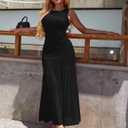 GOKATOSAU Women's Sleeveless Round Neck Full Ruched Bodycon Mesh Ruffle Hem Long Maxi Dress Black (Black, S)