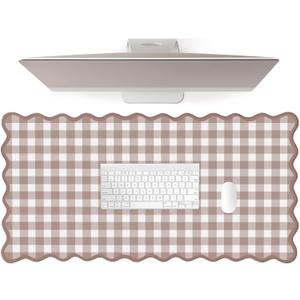 Scalloped Checkered Desk Mat Cute Brown Gingham XXL Large Gaming Mouse Pad Farmhouse Cottagecore Vintage Keyboard Computer Mat Pad for Desktop Aesthetic Cozy Office Desk Decor