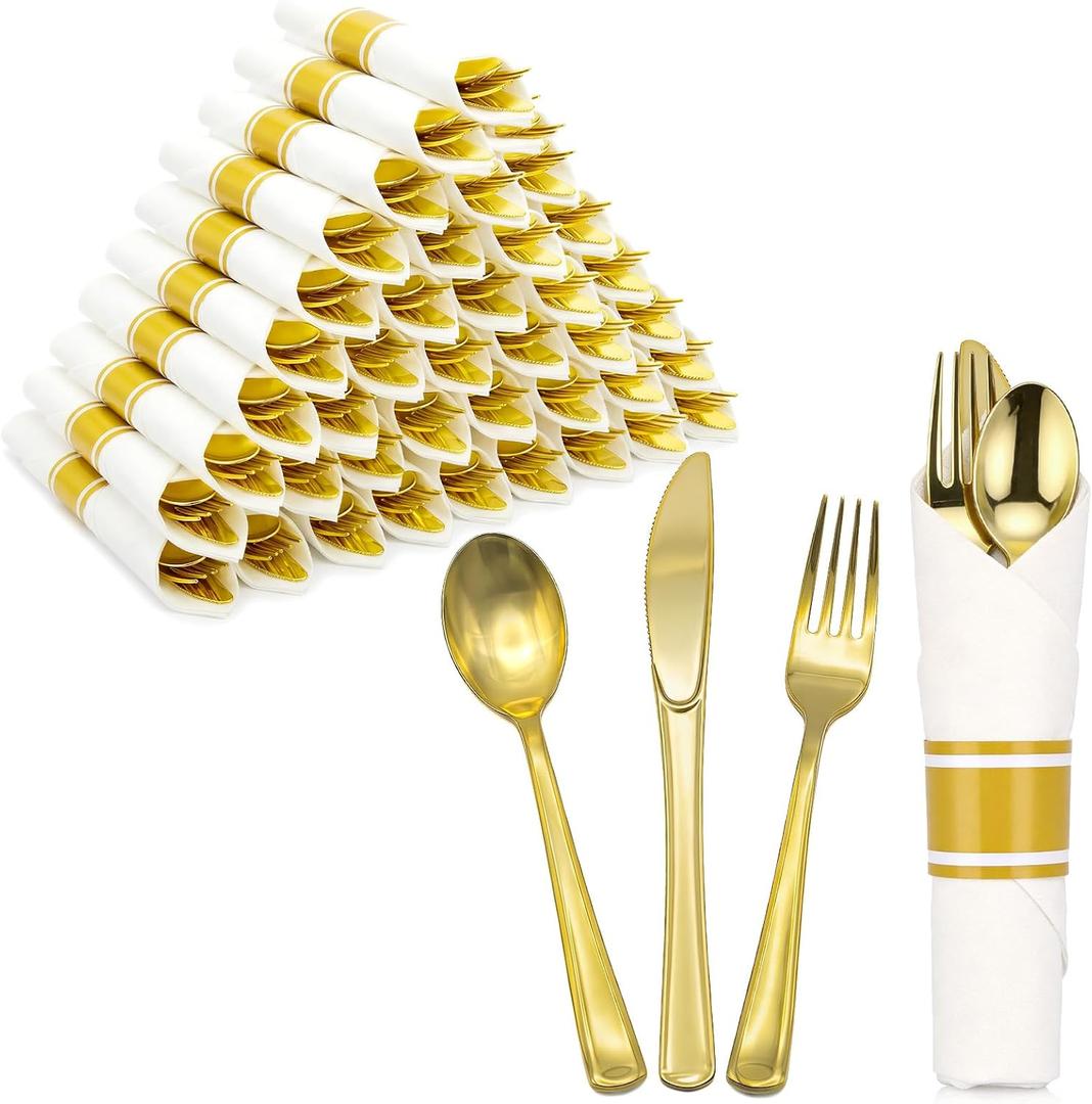 100Pack Pre-Rolled Napkins Gold Plastic Silverware Set for Party