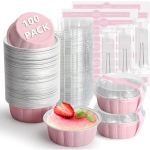 Ruckae 100 PCS 8oz Round Mini Baking Cups with Lids,Mini Loaf Pans with Lids,Disposable Aluminum Foil Ramekins Baking Cups for Birthday Party Weddings (Pink, 8oz)