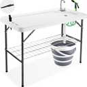 Folding Fish Cleaning Table with Collapsible Bucket, Portable Outdoor Fillet Station Camping Sink Table with Faucet, Drainage Hose & Sprayer, Grid Rack, Knife Groove for Picnic Fishing