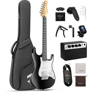 Fesley 39 Inch Electric Guitar: Beginner Electric Guitar Kit with HSS Pickup, Full Size Solid Body Guitar Starter Set with Amplifier, Bag, Strap, String, Cable, Picks, FST100, Black (39" Right Handed)