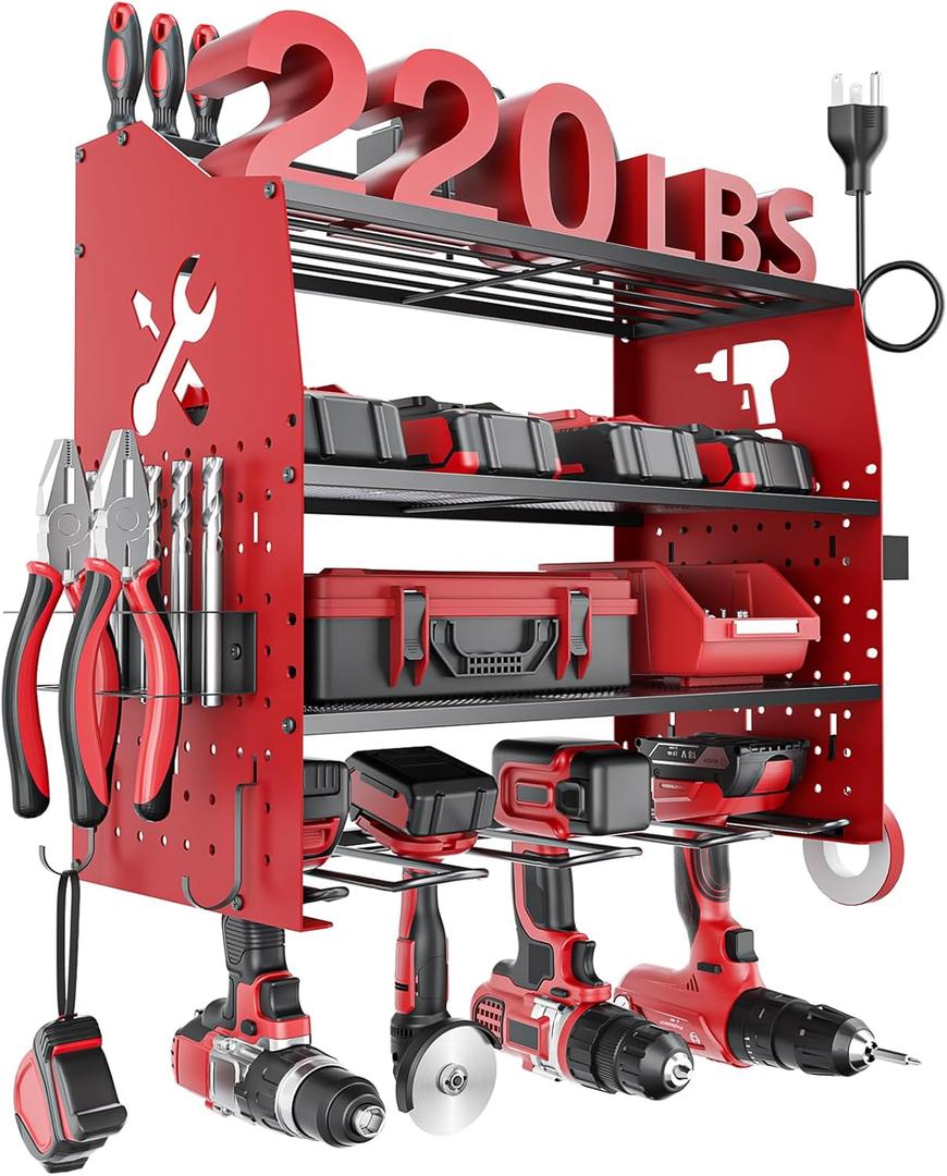 Power Tool Organizer Wall Mount with Charging Station [5-Layer Loads 220lbs Heavy Duty] Metal Tool Storage Rack Drill Holder,Battery Utility Rack Loads with 6 Power Strip (Red)