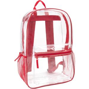 Trail maker Clear Backpack Heavy Duty with Padded Straps, Side Pockets for Kids, Boys, Girls, School, Stadium Approved Events (Red)