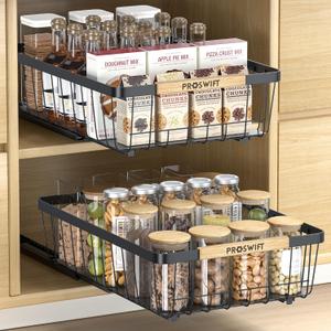 Pull Out Cabinet Organizer 2 Pack, Slide Out Drawers for Kitchen Cabinets, Cabinet Drawers with Adhesive Nano Glue for Bathroom, Living Room, Kitchen Clutter Organization (15.7 * 11 * 3.7) (Black)