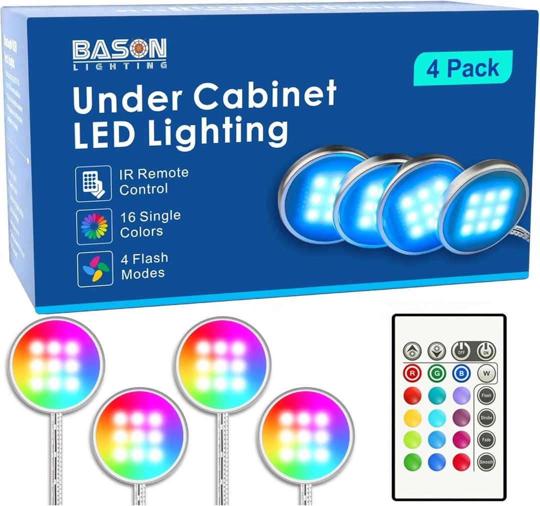 BASON LIGHTING RGB Under Cabinet Lighting, Wireless Remote Control, 16-Color Plug in Puck Lights, Dimmable LED Cabinet Light Kit for Kitchen, Bookshelf, Counter, 4 Pack (RGB (Red, Green, Blue))