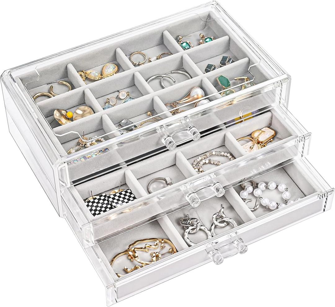 ProCase Earring Holder Organizer Jewelry Box with 3 Drawers, Acrylic Clear Earring Case with Adjustable Velvet Trays for Women - Grey, 3 Layers