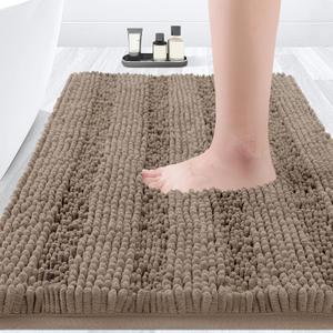 ACCUMTEK Striped Dark Beige Bathroom Rug Mat 24"x17" Ultra Soft, Non Slip Chenille Bath Rugs, Absorbent Plush Shaggy Bath Mats for Bathroom, Bedroom, Kitchen, Shower, Tub,Taupe