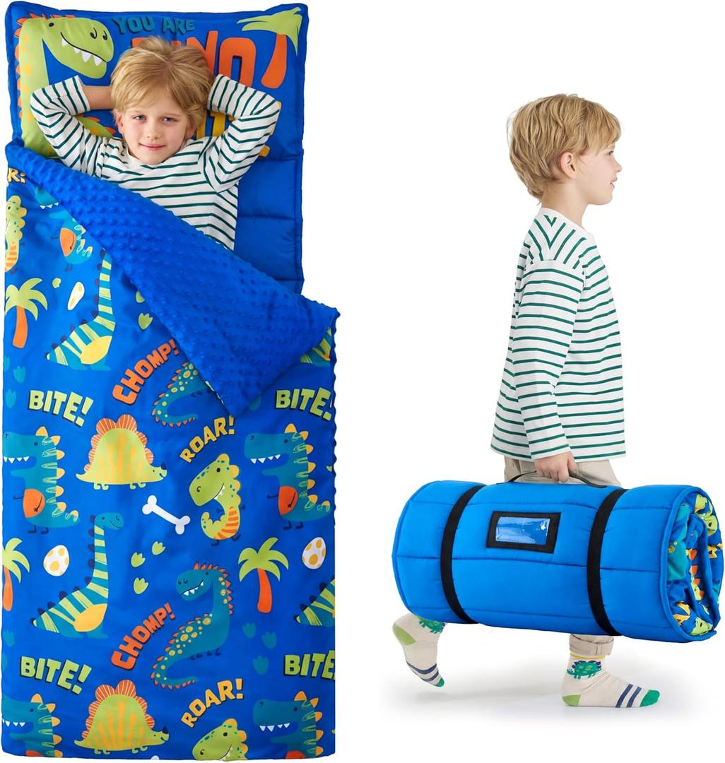 JOIEDOMI Toddler Sleeping Bag for Kids 55''x30'' Nap Mat with Removable Pillow and Minky Blanket for Toddler Ages 3-7 Roll Up Soft Kids Sleeping Bag for Boys Girls Kindergarten Daycare Sleepover (Blue Dinosaur)