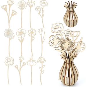 Thyle 13 Pcs Wooden Wildflower Flower Vase Laser Cut DIY Crafts Wooden Flowers Jigsaw Vase for Memorial Home Decoration Birthday Lover Gift Desktop Decoration