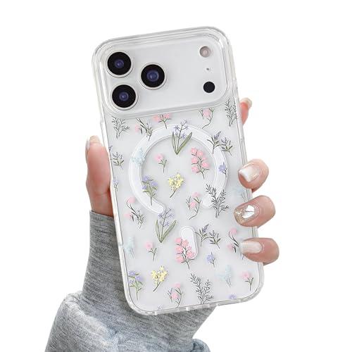 QLTYPRI Magnetic for iPhone 17 Pro Case Compatible with Magsafe, Cute Floral Flower Aesthetic Phone Case Slim Clear Anti-Yellowing Shockproof Phone Cover for Girls Women - Colorful