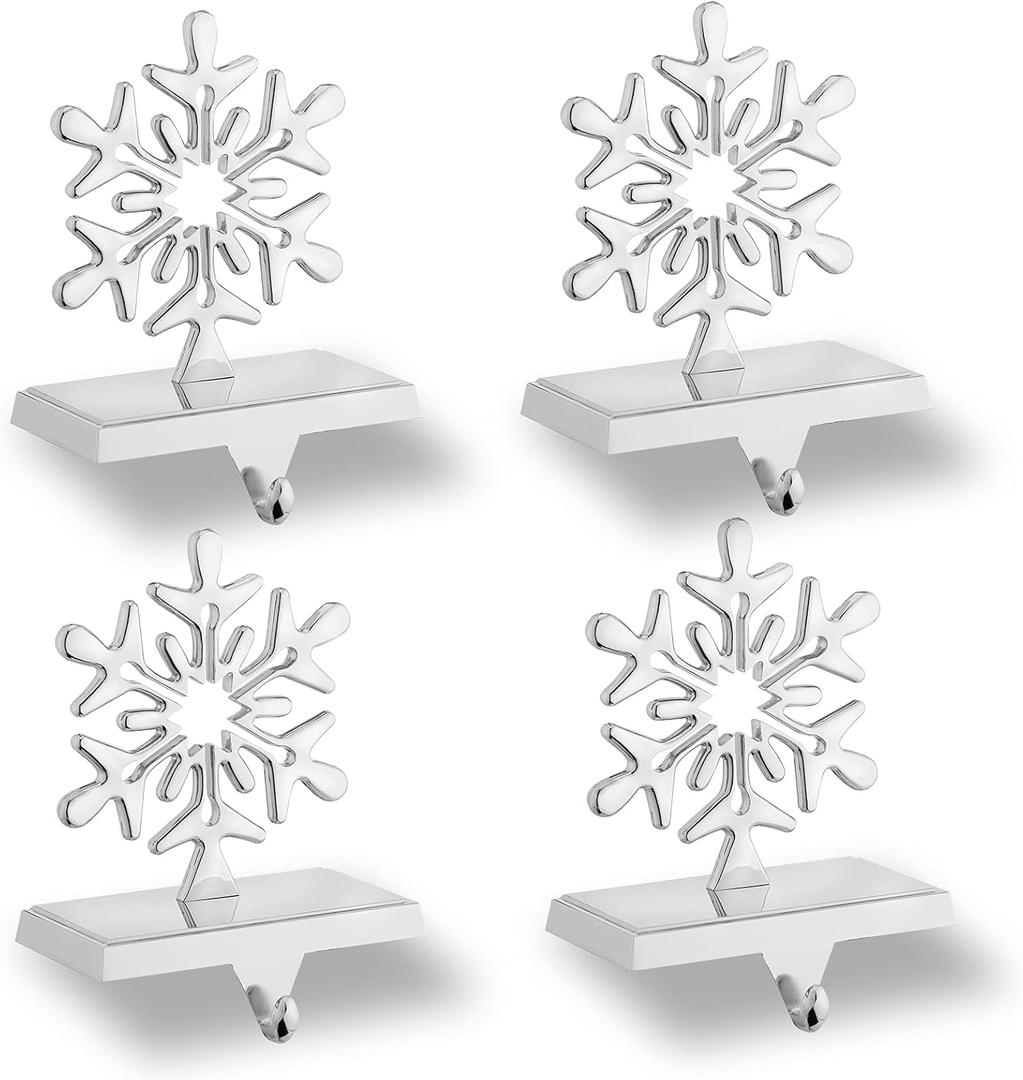 Minetom Snowflakes Christmas Stocking Hanger 4 Pack Metal Stocking Holder Stand 3D Sliver Sturdy Stocking Hook Christmas Ornaments for Tables Window Fireplace Mantle Home Decoration