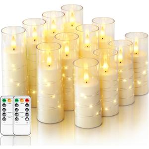 Homemory 12Pcs Flameless Candles with Star String Fairy Lights, Flickering Battery Operated Candles, LED Fake Candles with Remote and Timer, Christmas, Weddings, Home Decor, White (12pcs, D2.2"x H5"6"7")