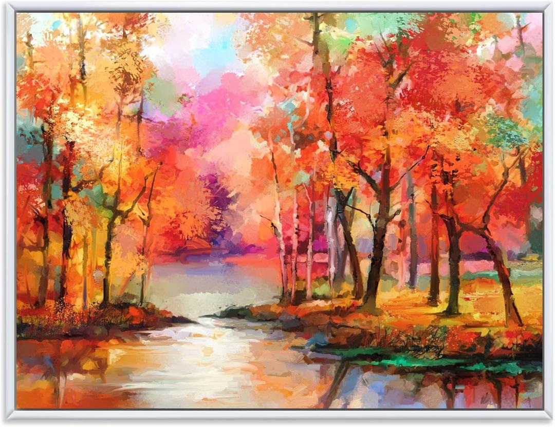 Colorful Autumn Trees By The Lake In Autumn - Modern Framed Canvas Wall Art Print, 32x24, Orange (32L" x 24W")