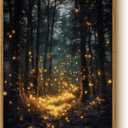 Fantasy Dark Forest 12x16 Framed Firefly Halloween Wall Art, Glowing Lights Enchanted Forest Canvas Print, Magical Mystical Night Landscape Painting, Rustic Cabin Cottage Bedroom Decor