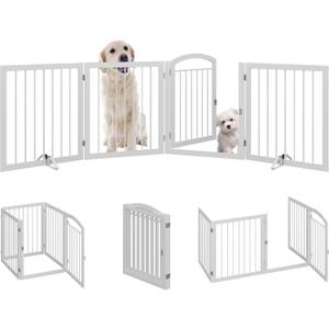JSB 96-inch Extra Wide 30-inch Tall Dog gate with Door Walk Through, Freestanding Round Tube Pet Gate for Halls Stairs, Puppy Safety Dog Fence with 2PCS Support Feet (White)