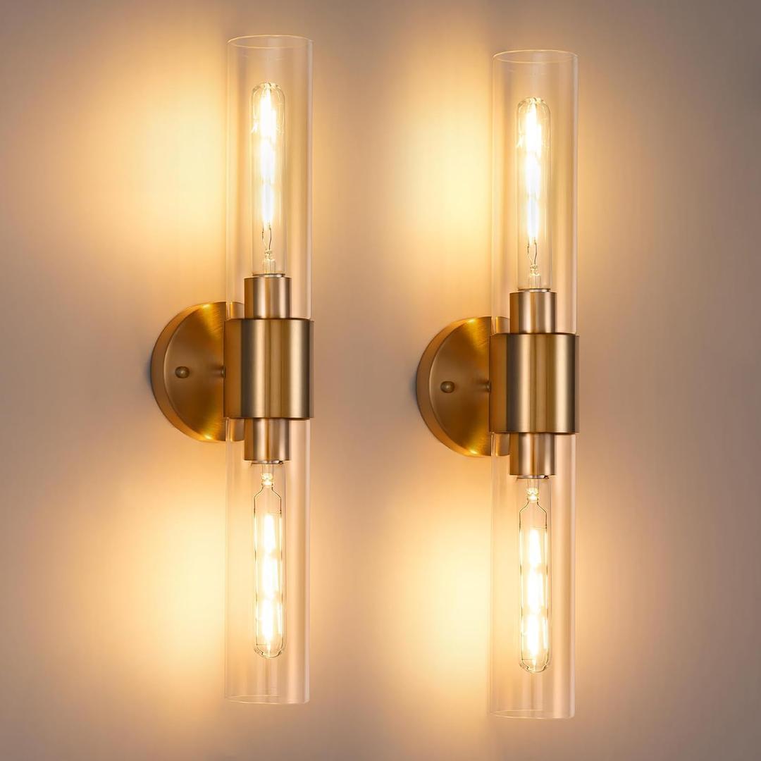22" Brushed Gold Glass Wall Lamps Set of 2 Modern Bathroom Wall Sconces Mid Century Wall Lamp for Living Room Bedroom Bathroom Vanity Lights (Bulbs not Included)