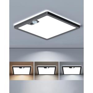 Annaror 12in Motion Sensor Ceiling Light Wired, 3000K 4000K 5000K Selectable, 24W Flush Mount Square Motion Ceiling Light with 3 Timer for Closet Porch Stairs Hallway, Black