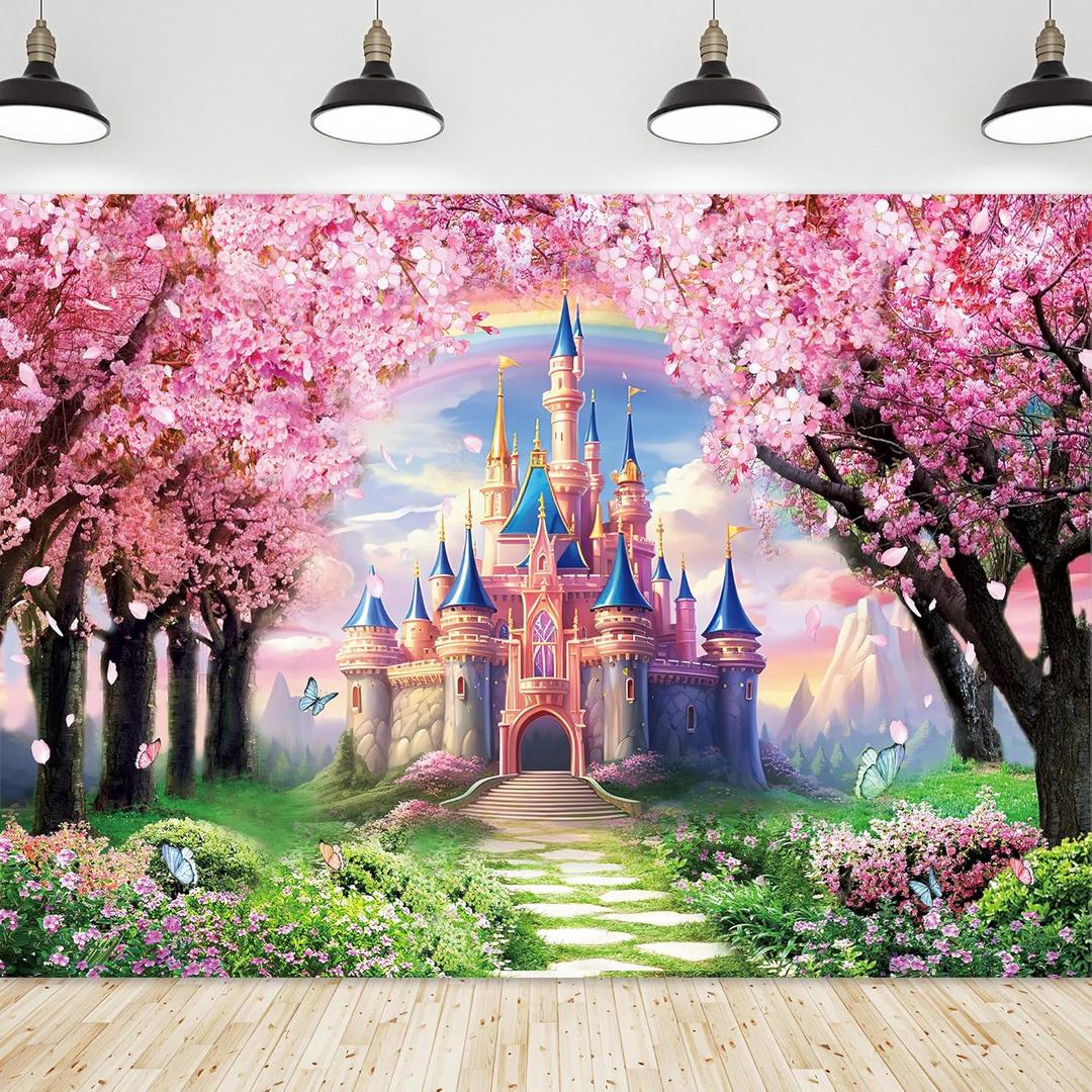 Riyidecor Princess Castle Backdrop Polyester Fabric Pink Sakura Rainbow Flowers Floral Fantasy Fairy Tale Wonderland 8Wx6H Feet Butterfly Photography Background Birthday Wedding Photo Studio Shoot