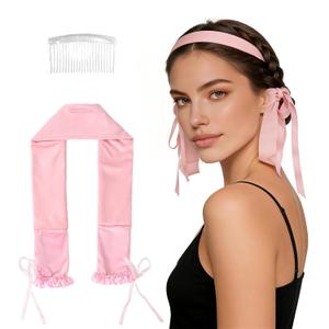 Curling Tie New Hair Curlers to Sleep in, Heatless Curls Overnight Headband, Soft Ribbon Wrap for Long Hair, Perfect Natural Curls Bouncy Curly Hairstyle Hair Suitable for All Hairs Types (Pink)
