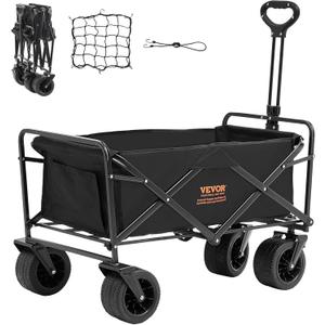 VEVOR 350lbs Collapsible Foldable Wagon Cart, Heavy Duty Foldable Utility Beach Wagon with Big Wheels, Portable Grocery Camping Cart with All Terrain Wheels and Drink Holder